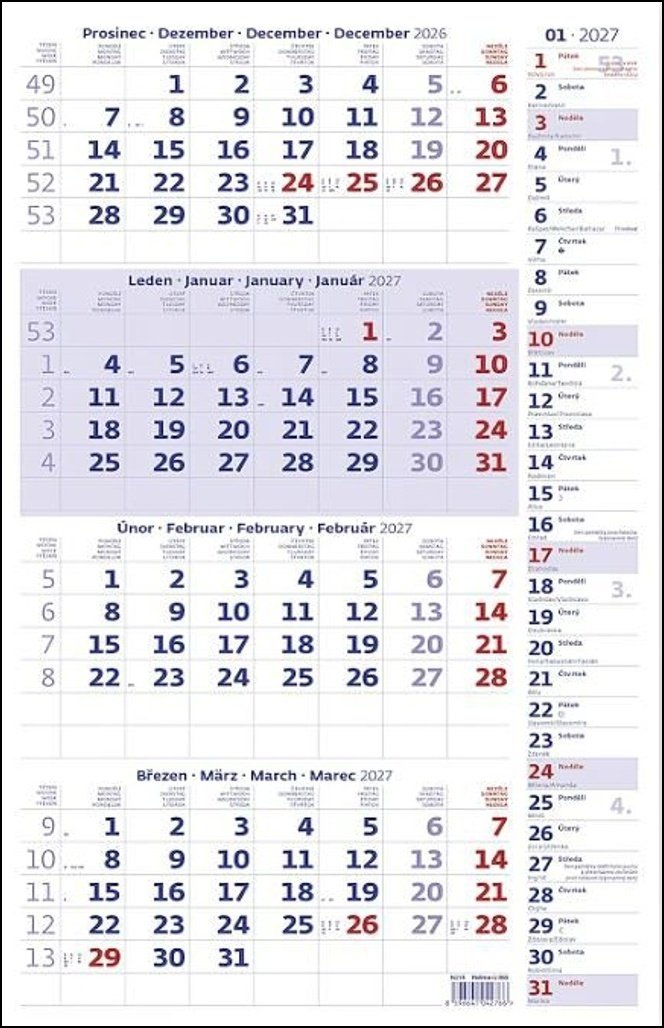 Kalendář nástěnný 2027 - Čtyřměsíční modrý s poznámkami