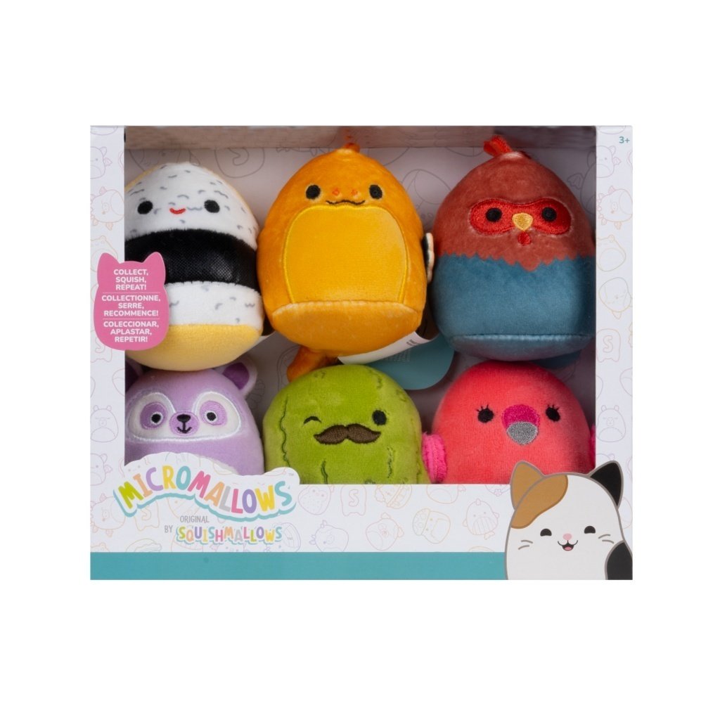 Squishmallows Micromallows 6Pack - Okurek, Úhoř, Plameňák, Kohout, Sushi, Lemur
