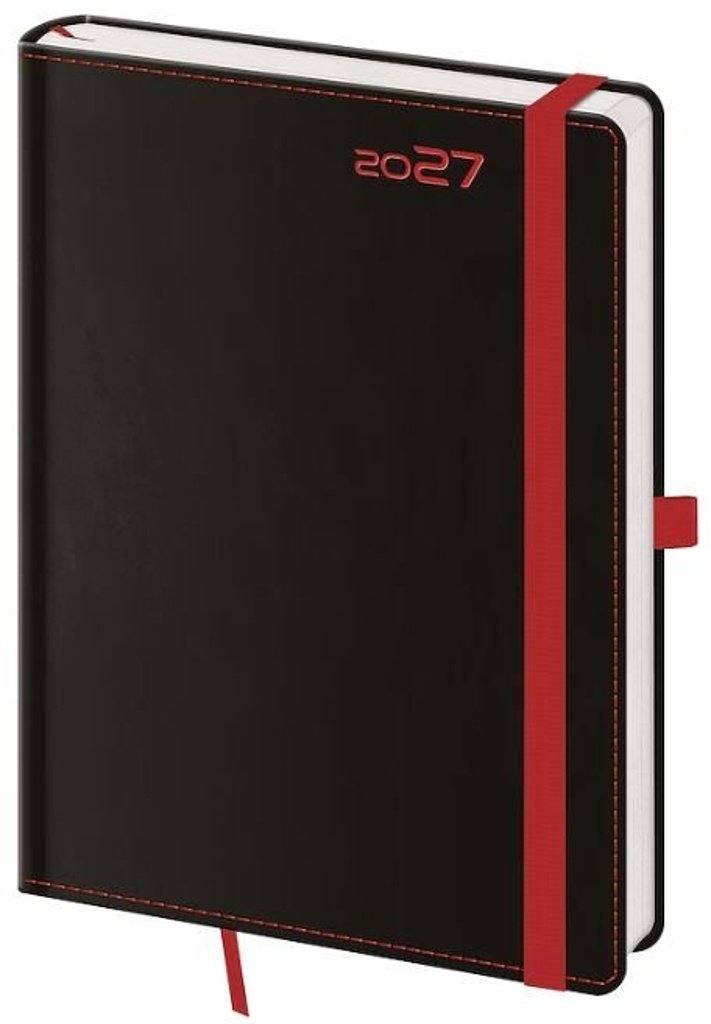 Diář 2027 týdenní A5 Black Red s poutkem na propisku