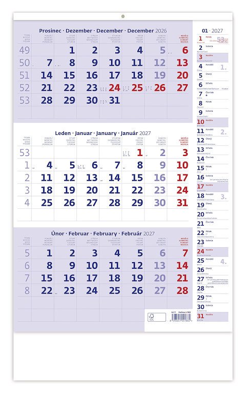 Kalendář nástěnný 2027 - Tříměsíční modrý s poznámkami