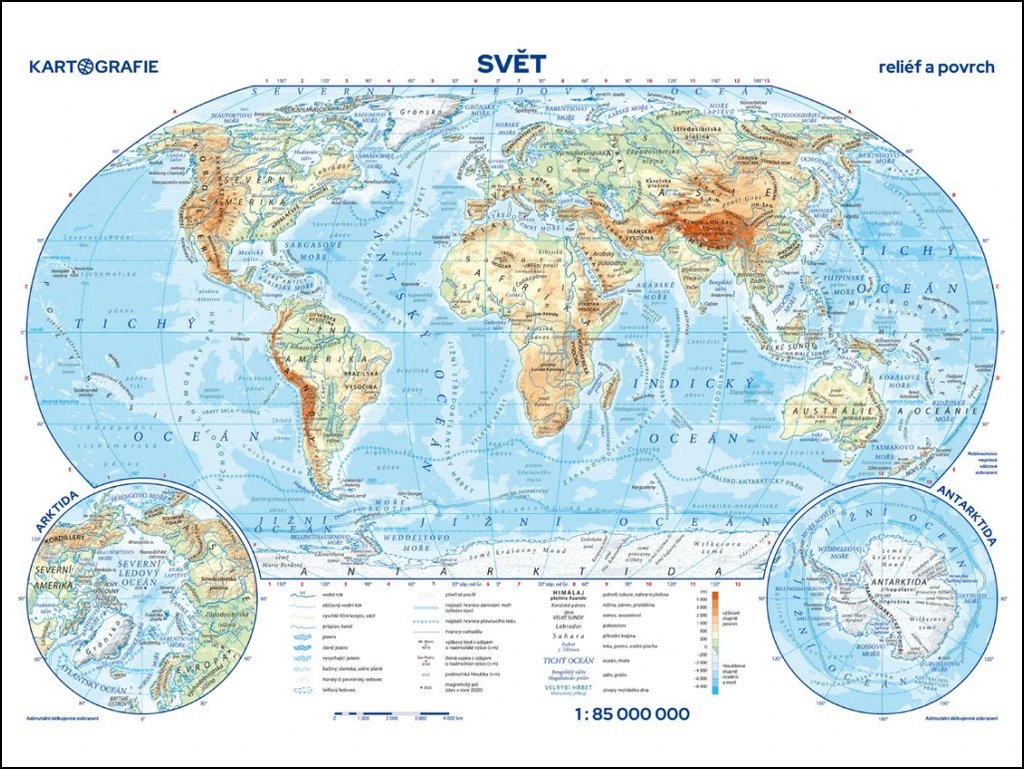 Svět - reliéf a povrch / státy a území - příruční mapa 1:85 000 000