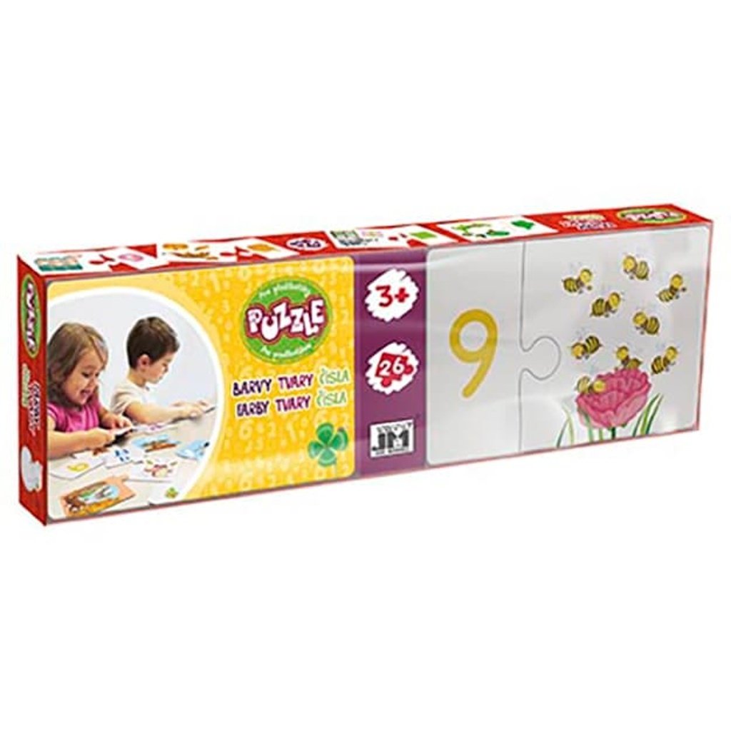 Puzzle pro předškoláky v krabičce Čísla, barvy, tvary