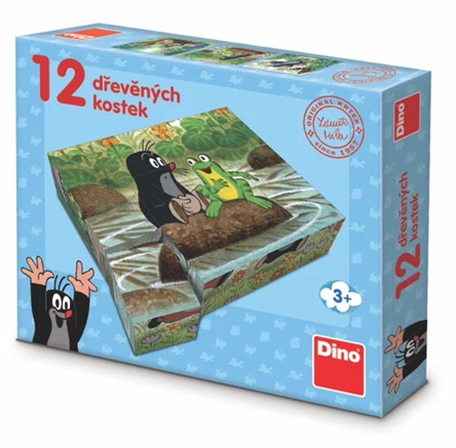 Dřevěné lic. kostky Krtek a zvířátka – 12 kostek