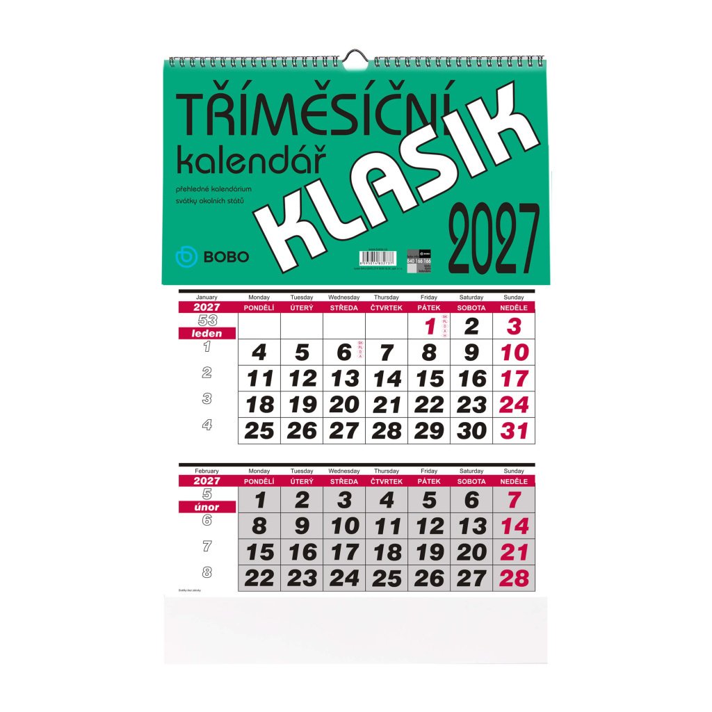Nástěnný kalendář 2027 tříměsíční KLASIK